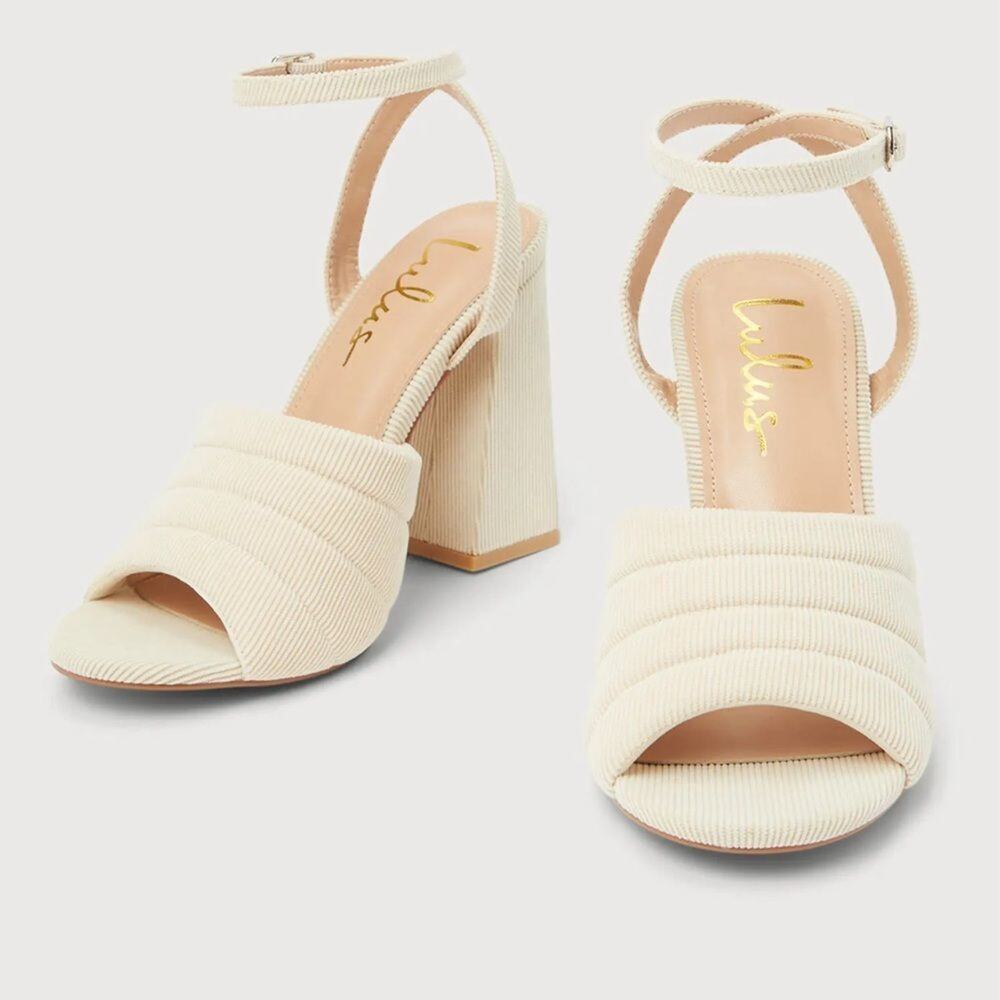 Lulus Rahele Cream Corduroy Ankle Strap Block Heel Sandals 7.5